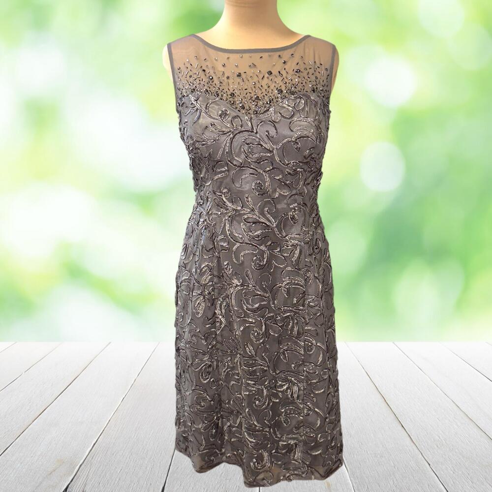 Vtg IGNITE EVENINGS Soutache Sheath Dress Hand Beaded Built-in Cups Formal Sz 14